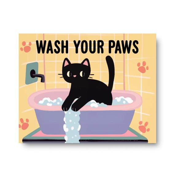 Wash Your Paws Horizontal Watercolor Print Black Cat Wall Art Funny Bathroom Decor Cute Pet Artwork Kitten Lovers Gift
