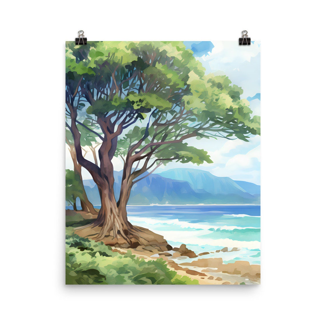 Lahaina Banyan Tree on a Maui Beach Under Mountain View Poster