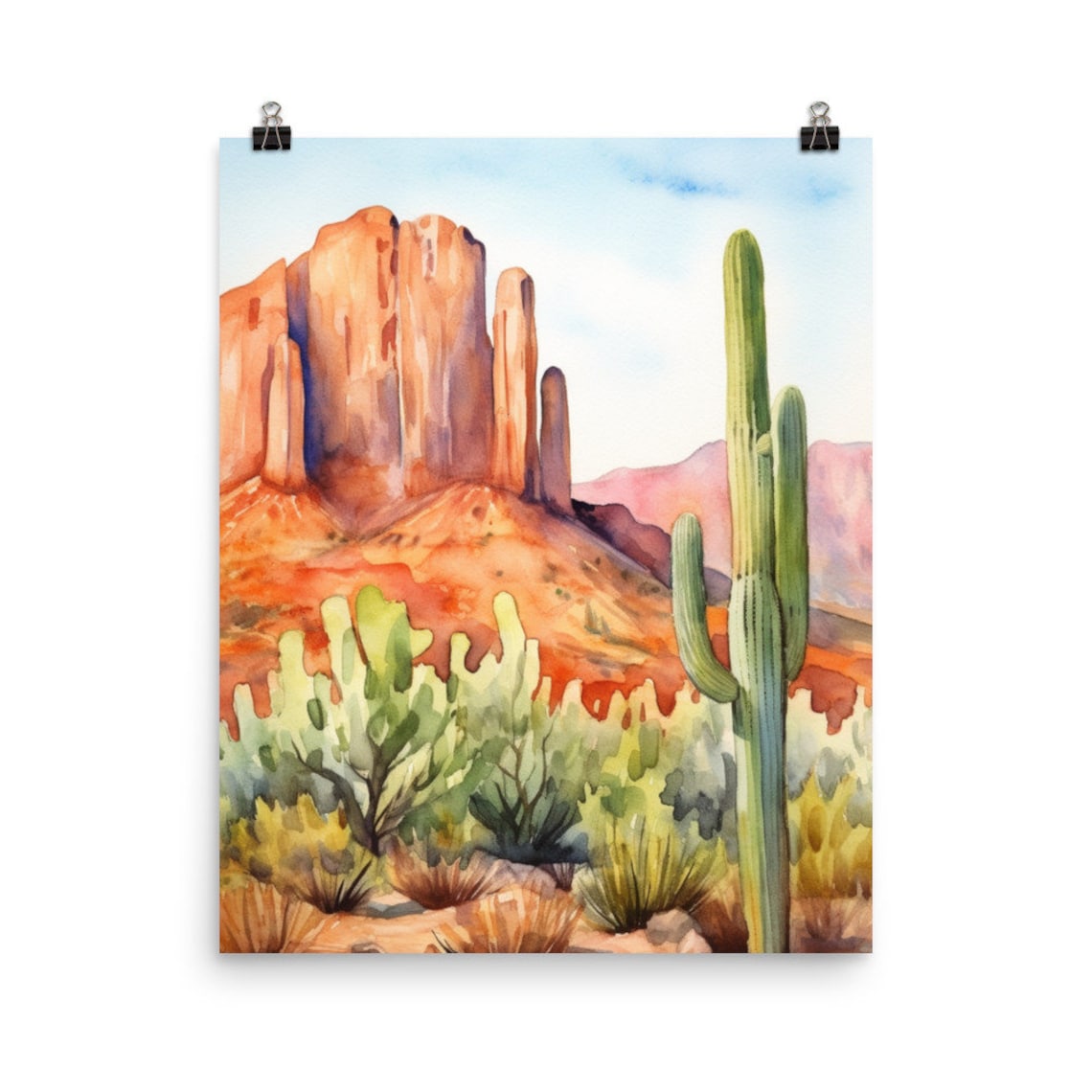 Sonoran Desert Saguaro Cactus Rising Below Red Rock Buttes Poster