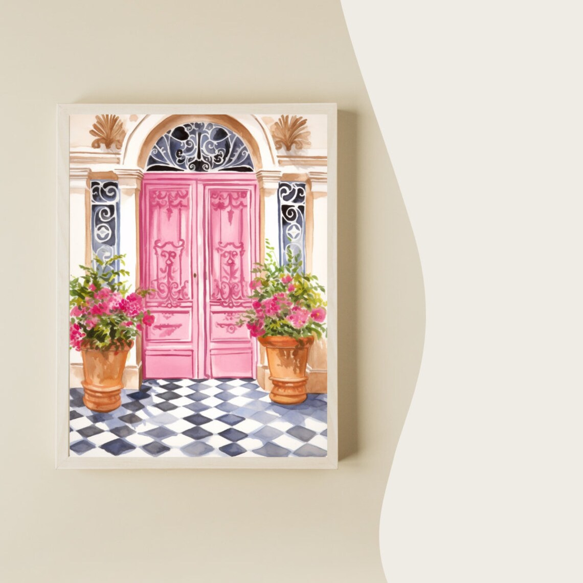 Paris Pink Door With Flower Planters And Checkered Floor Poster - Image 2