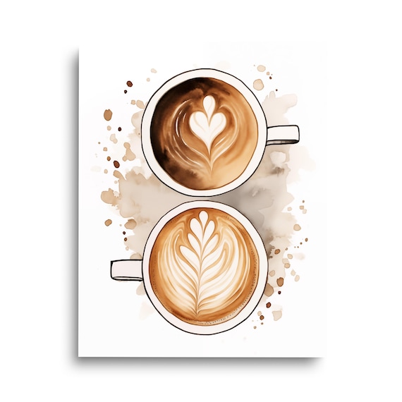 Latte Art Heart Two Coffee Cups Watercolor Kitchen Barista Poster