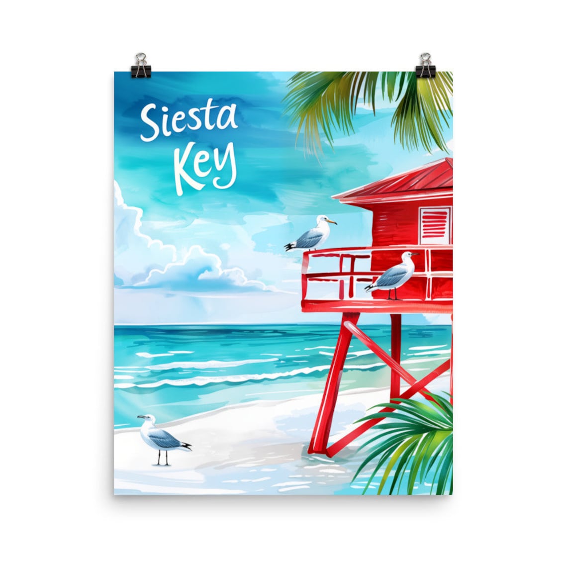 Siesta Key Florida Beach Watercolor Travel Poster With Seagulls