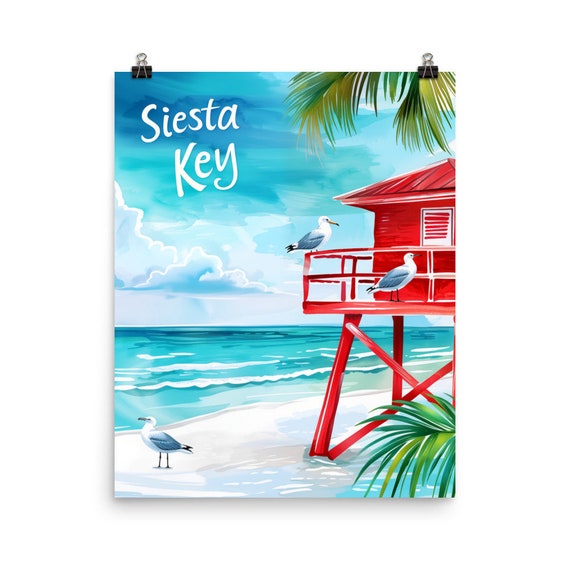Siesta Key Watercolor Print Florida Travel Gift Sarasota Gulf Of Mexico Wall Art Beach Painting Seaside Poster Seagull