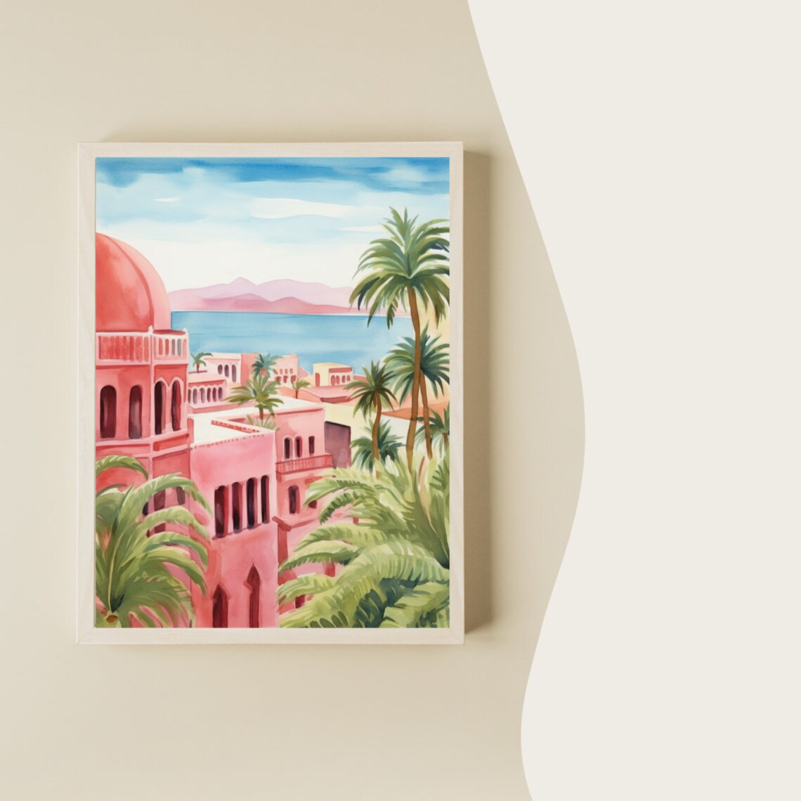 Tenerife Pink Dome Houses Palm Trees Coastal Bay Watercolor Poster - Image 2