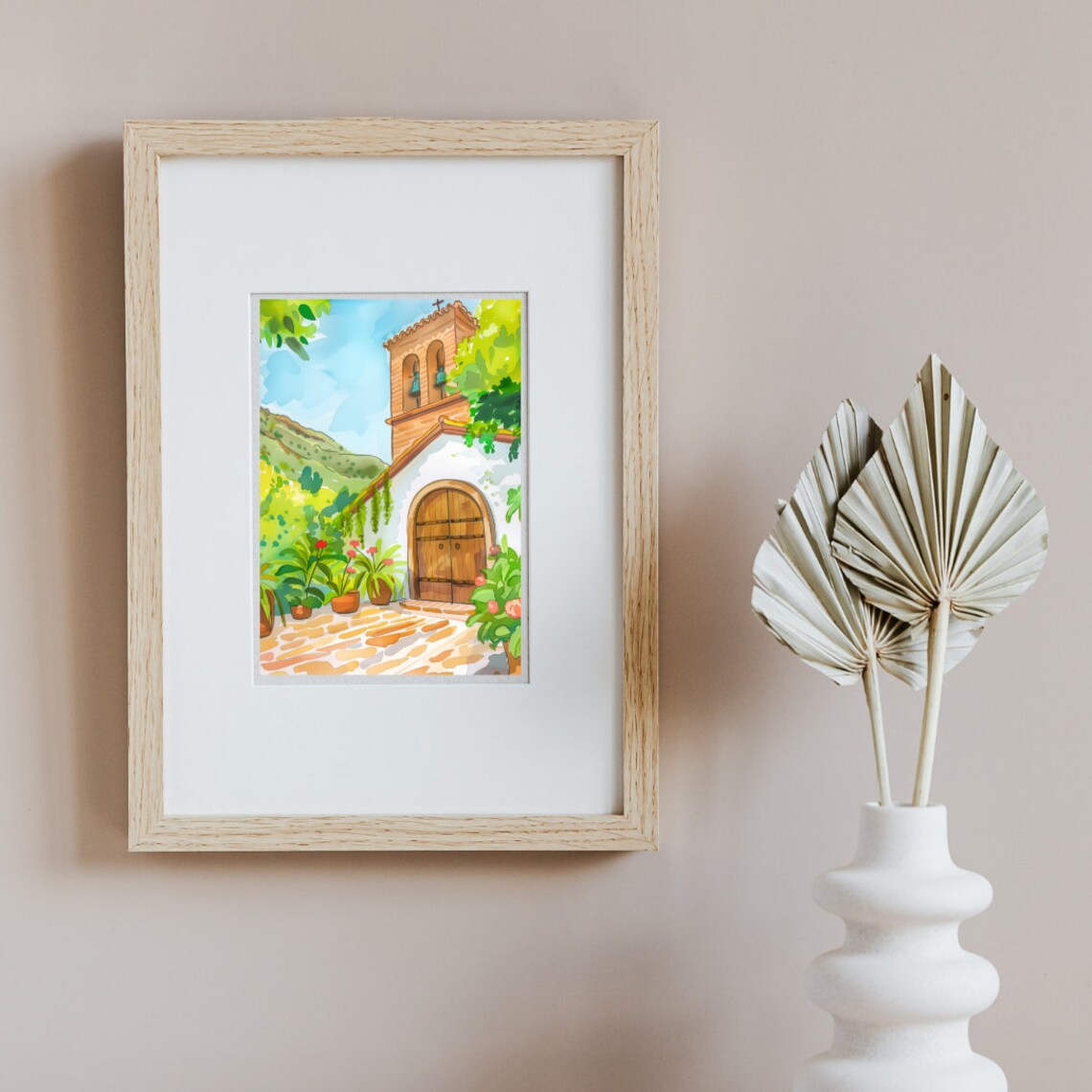 Mijas White Church with Bell Tower and Geranium Flower Pots Poster - Image 2