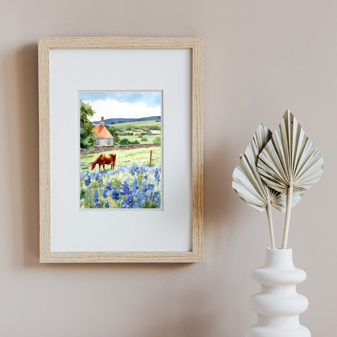 Texas Bluebonnet Field Longhorn Cow Farmhouse Watercolor Poster - Image 2