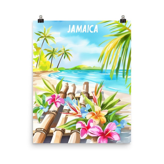 Jamaica Watercolor Print Caribbean Travel Gift Jamaican Wall Art Tropical Island Decor Beach Seaside Poster Turquoise Water