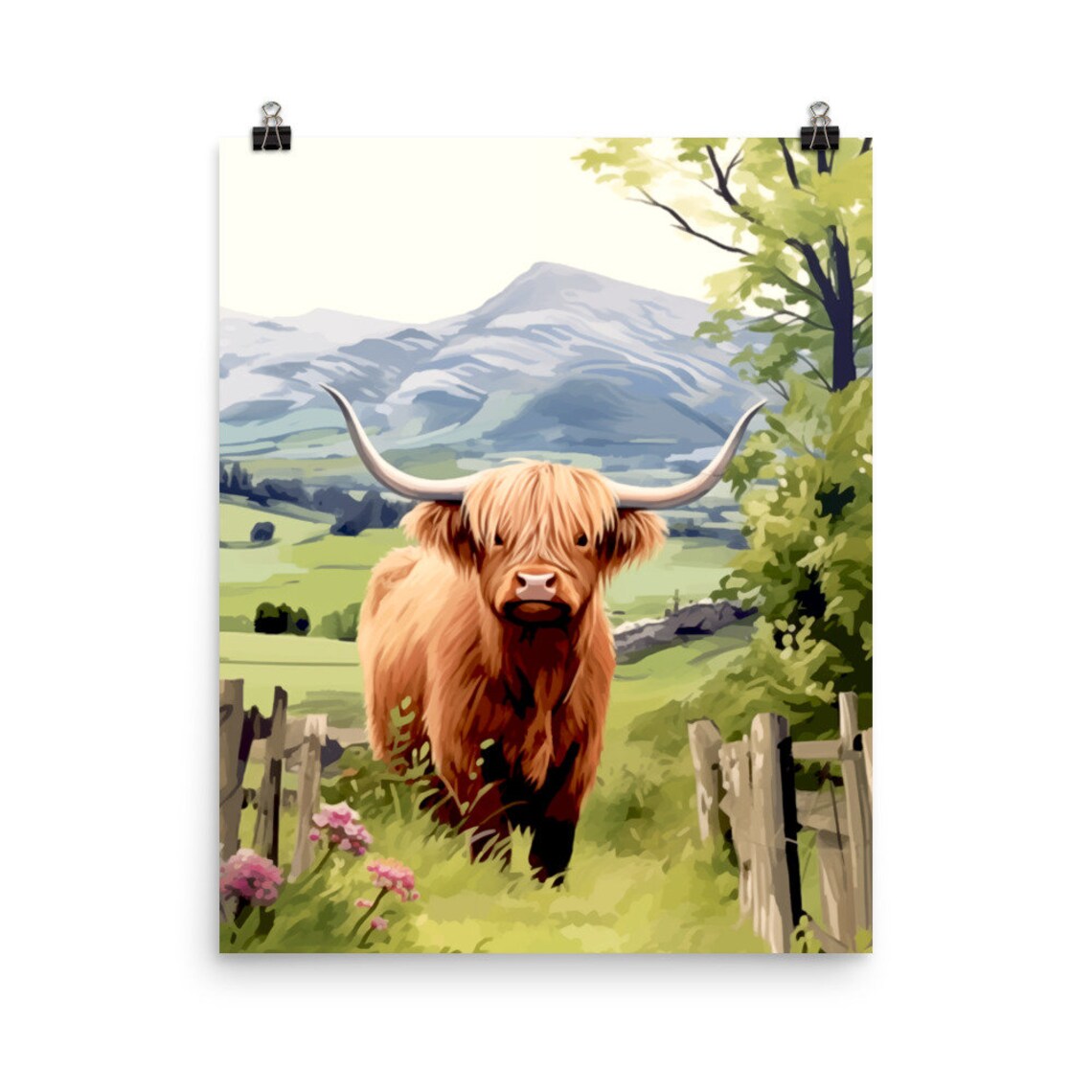 Highland Cow In Front Of Ben Nevis Mountain Scotland Watercolor Poster