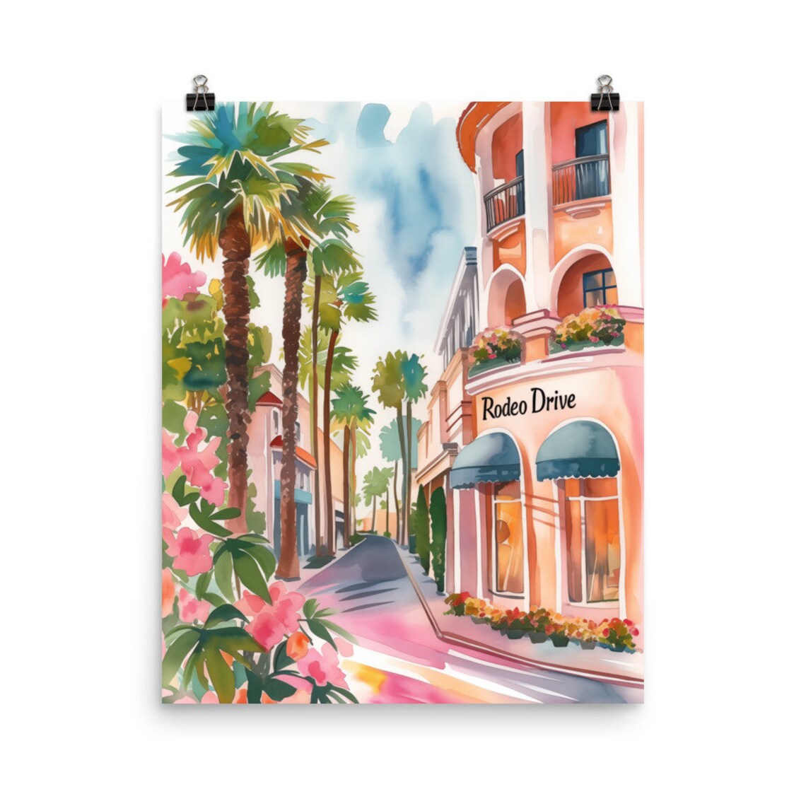 Rodeo Drive Beverly Hills Palm Street Watercolor Travel Poster