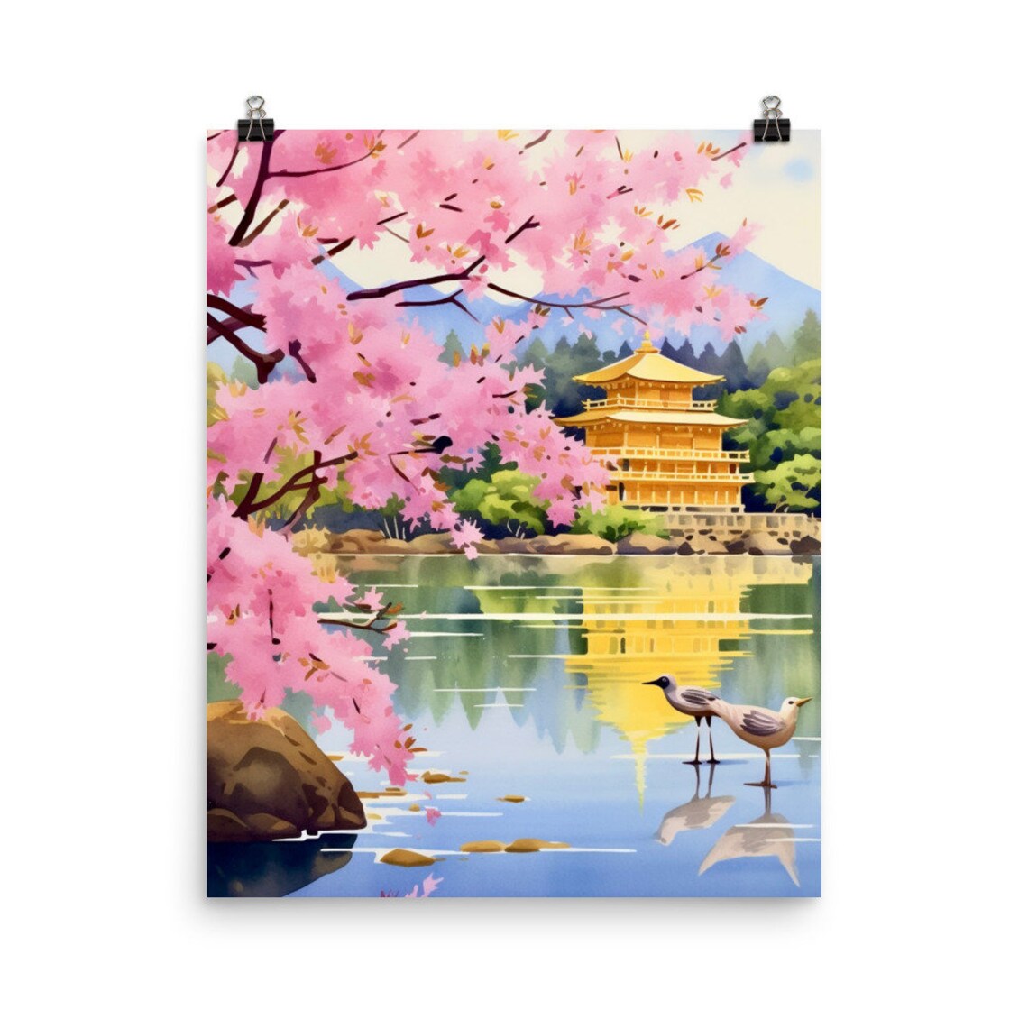 Kinkakuji Golden Pavilion Kyoto Cherry Blossom Watercolor Poster