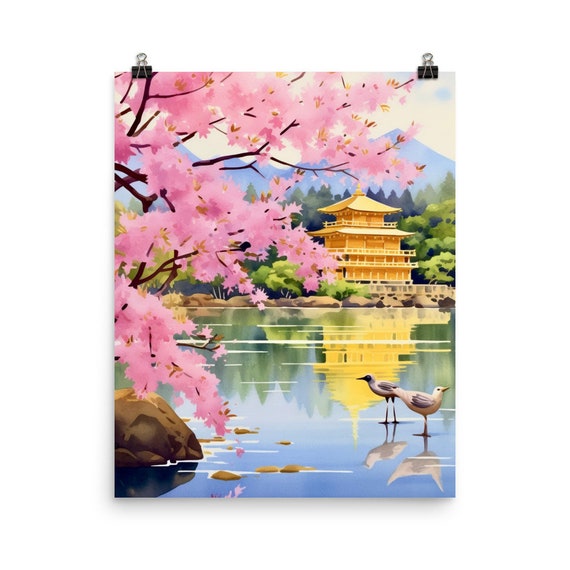 Kinkakuji Watercolor Print Japan Travel Gift Kyoto Wall Art Japanese Home Decor Golden Pavilion Buddhist Temple Poster