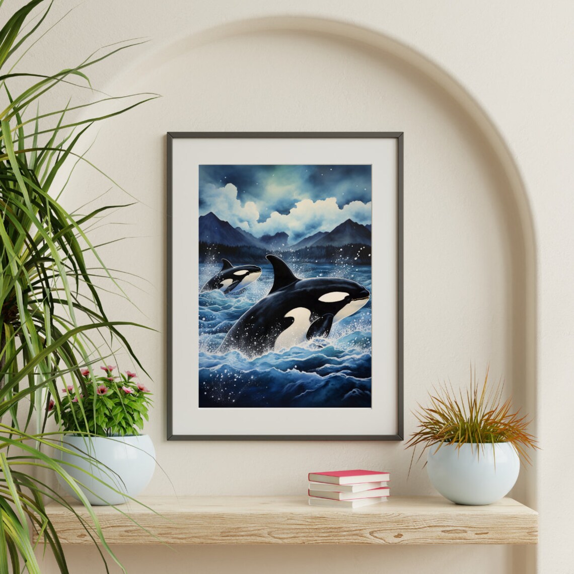 Orcas Breaching in a Moonlit Fjord with Mountains Watercolor Poster - Image 3