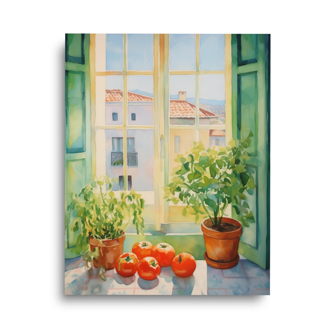 Lisbon Window Tomatoes and Herbs Watercolor Sunny Still Life Poster