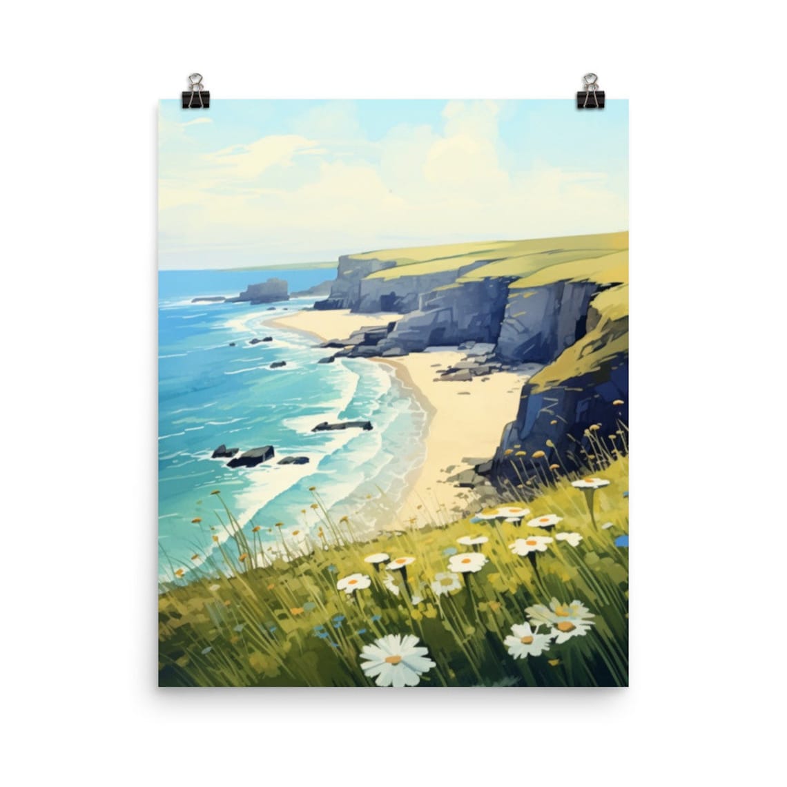 Cornwall Sunny Cliff Beach with Daisies Coastal Watercolor Poster