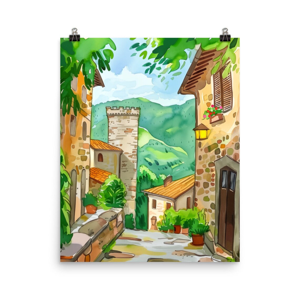 Gubbio Stone Village Street with Medieval Tower Watercolor Poster