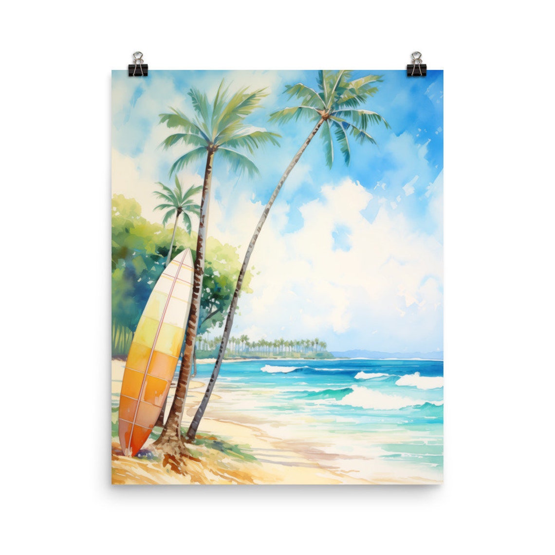 Tropical Surfboard Watercolor Beach Scene With Palm Trees Poster