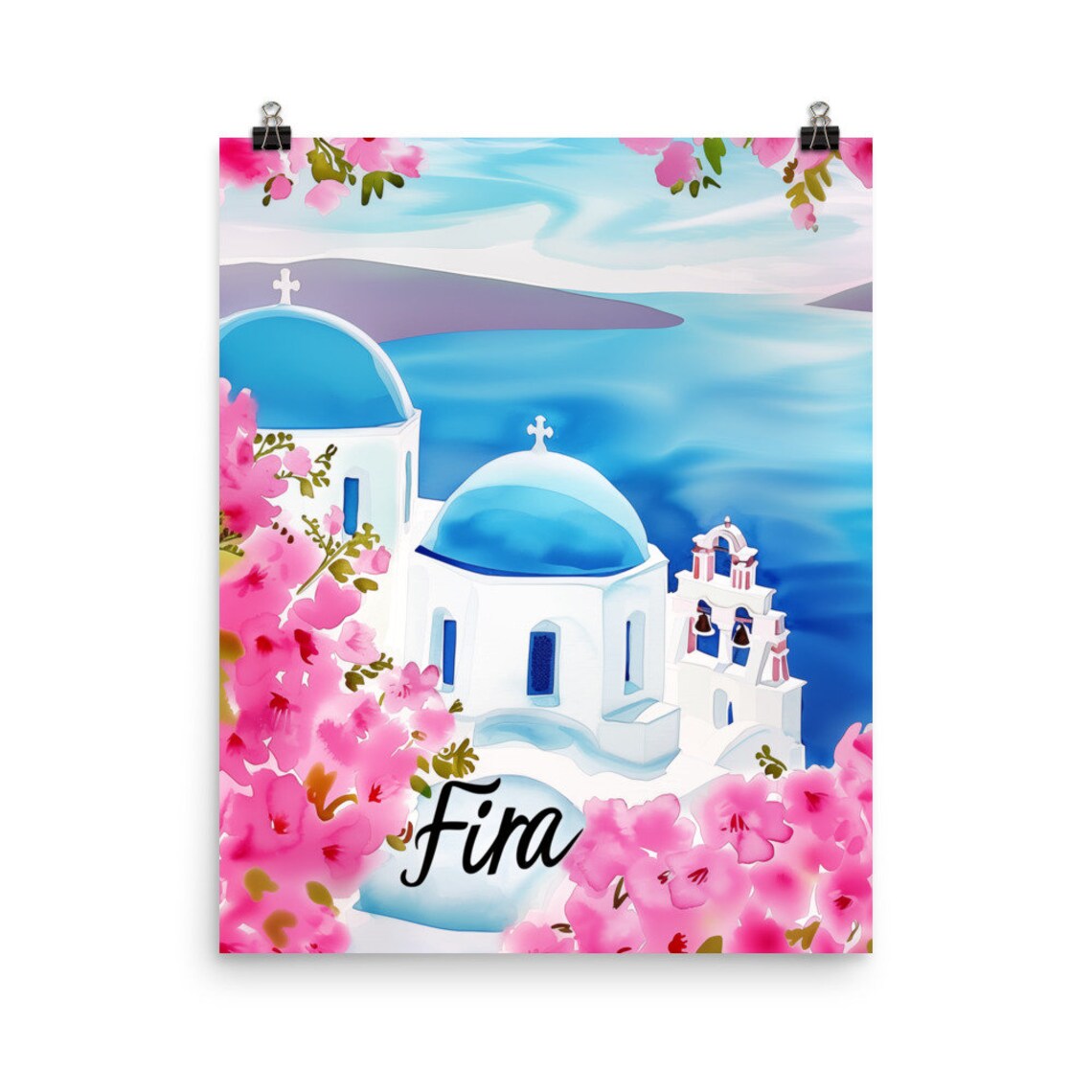 Fira Santorini Blue Domes Over the Caldera Watercolor Poster