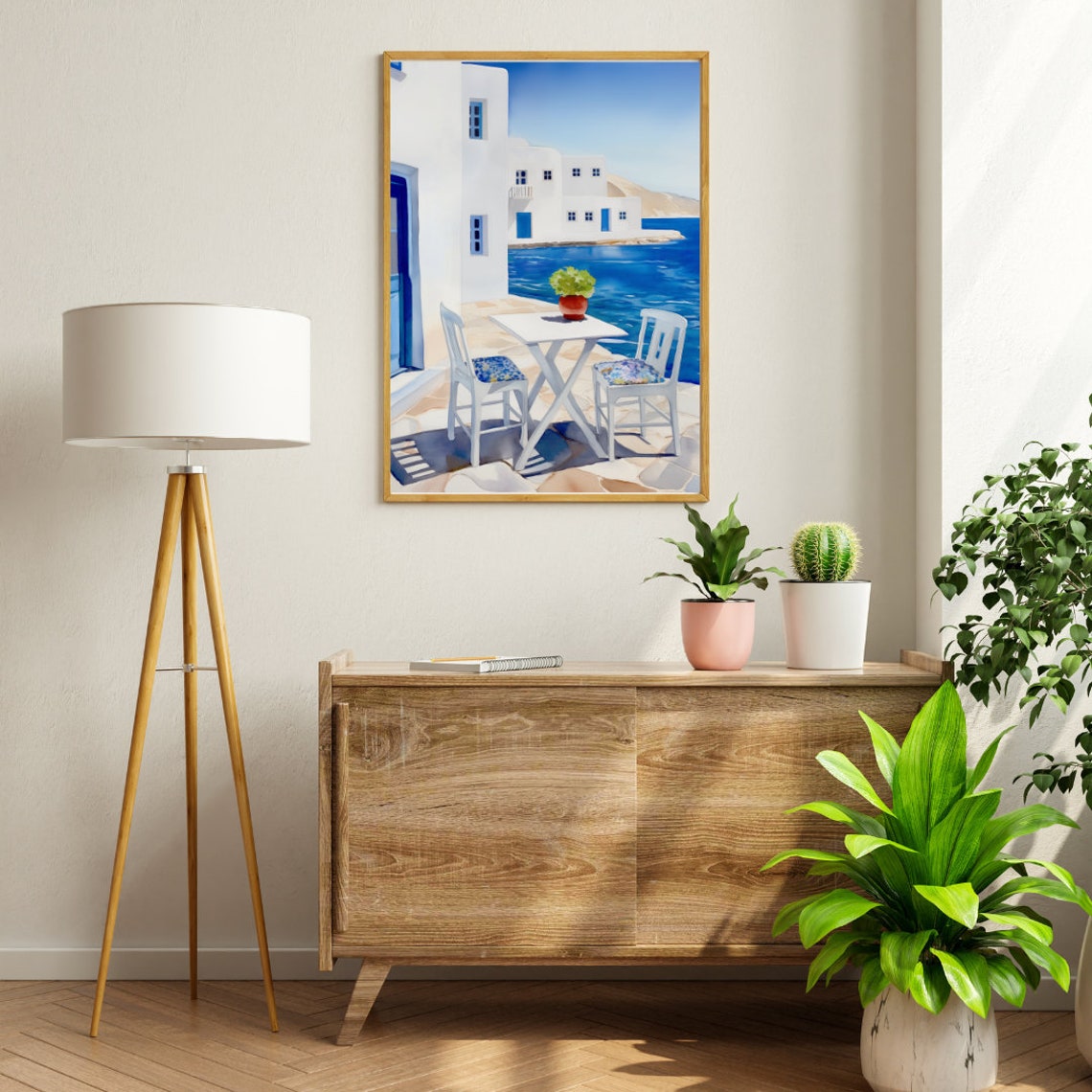 Paros Greek Island Seafront Cafe White Buildings Blue Sea Poster - Image 2