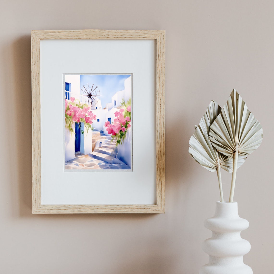 Mykonos Windmill Over Whitewashed Streets Watercolor Art Poster - Image 2