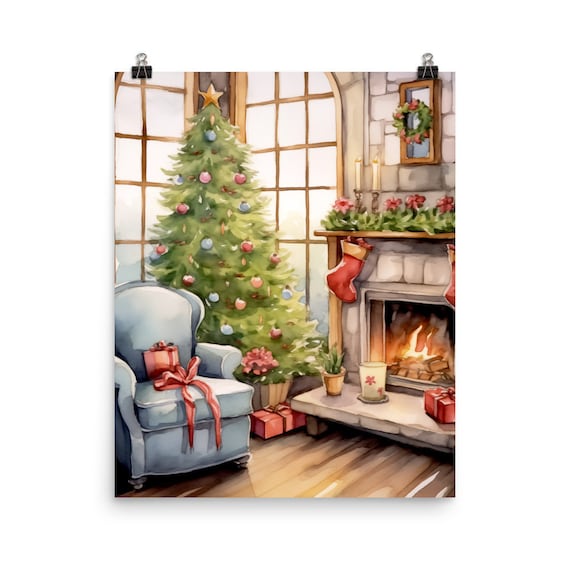 Norwegian Christmas Watercolor Poster Cozy Fireplace Tree Holiday Cabin
