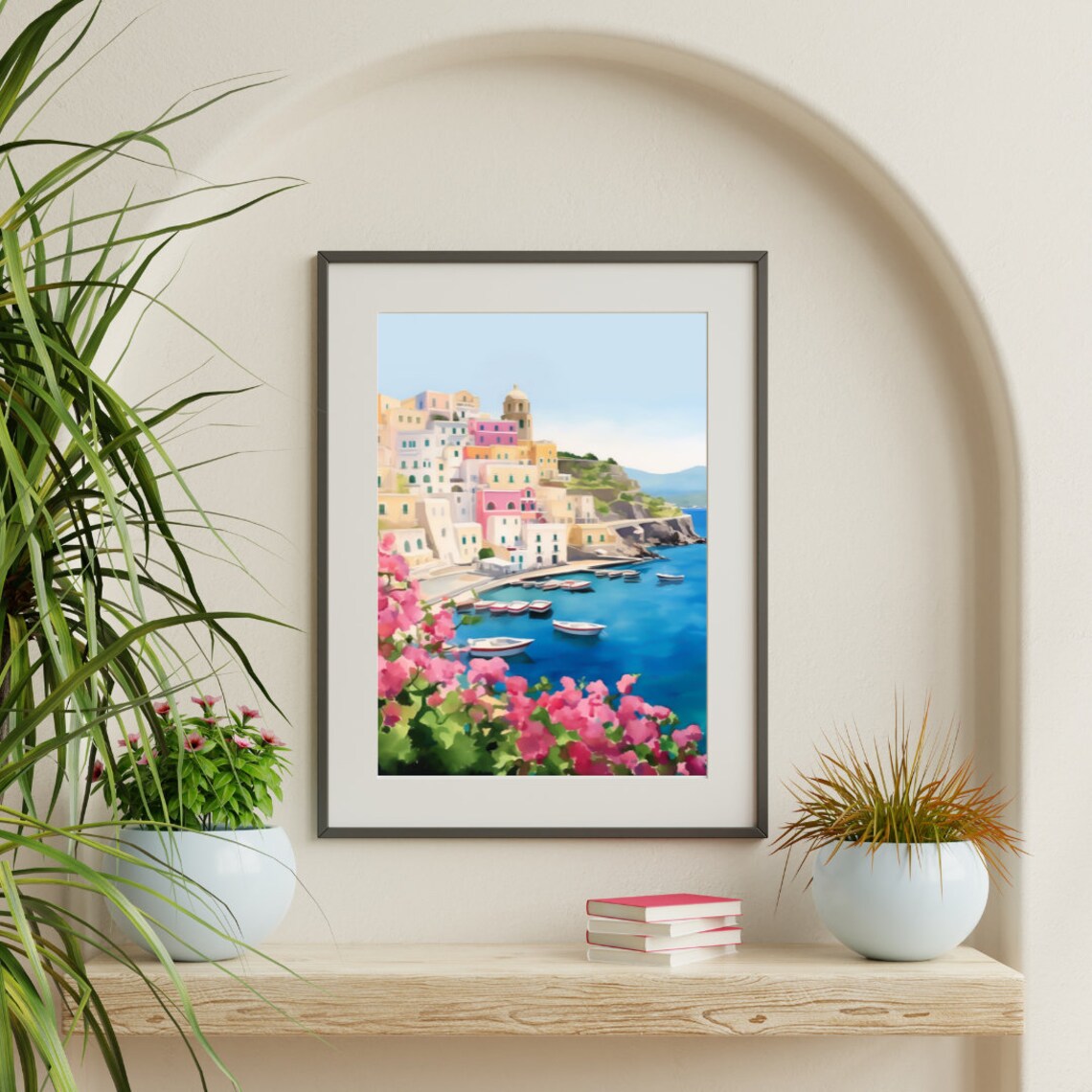 Ischia Cliffside Town with Boats and Pink Bougainvillea Poster - Image 3