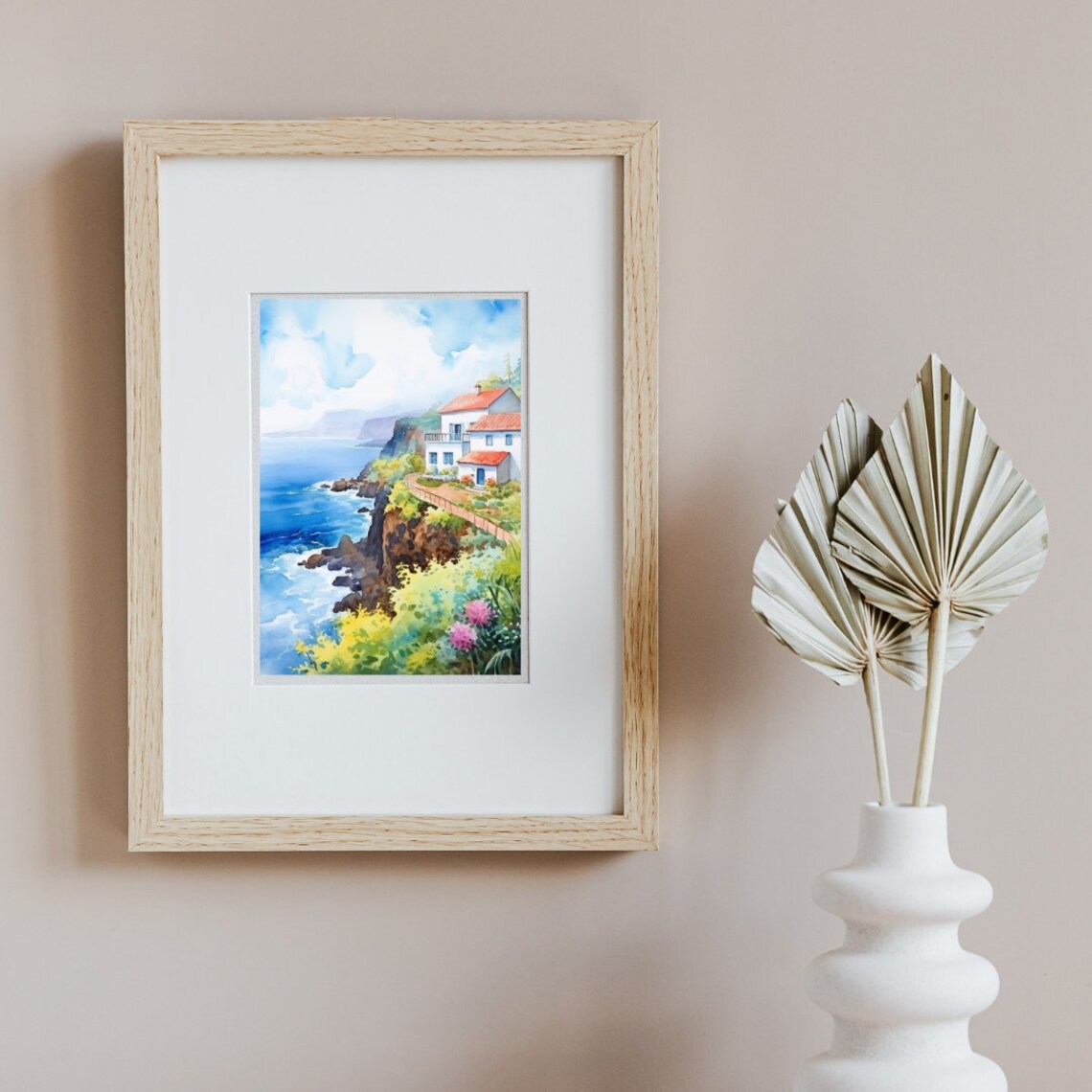Madeira Cliffside White Houses Above The Ocean Watercolor Poster - Image 2
