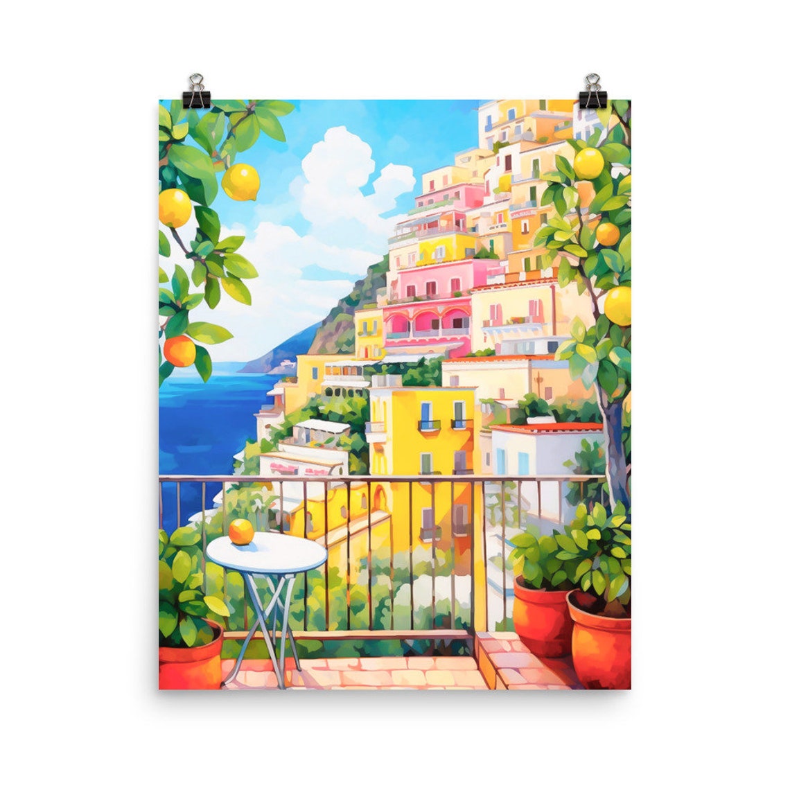 Positano Lemon Tree Balcony over Colorful Cliffside Town Poster