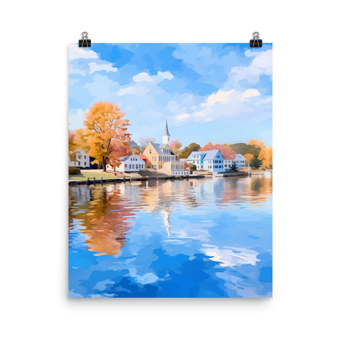 Mystic Harbor Autumn Waterfront With Church Steeple Reflection Poster
