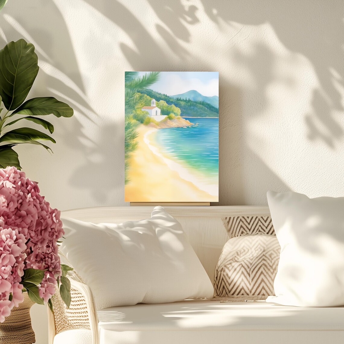 Tsamadou Beach Samos Greece Watercolor Greek Island Chapel Poster