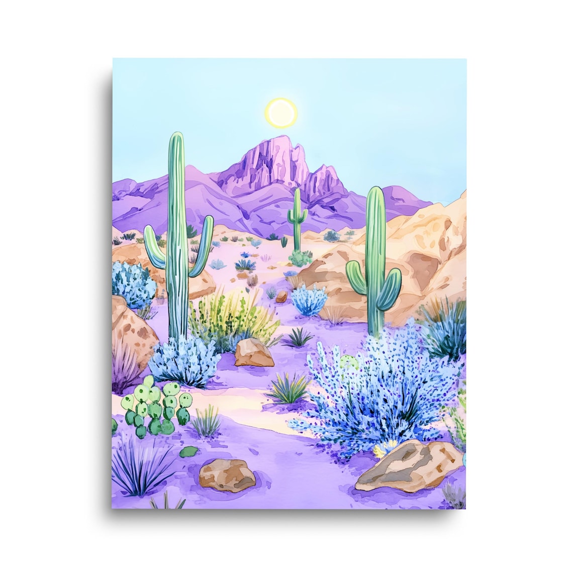 Purple Desert Saguaro Cacti Violet Mountain Watercolor Wall Art