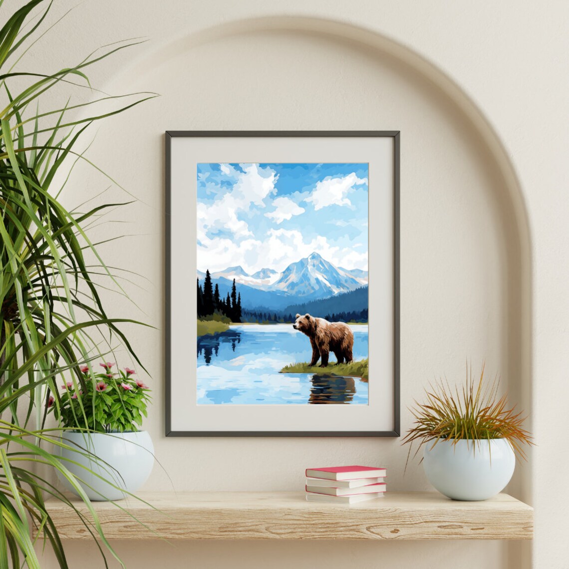 Brown Bear Standing by Alaskan Lake Snowy Mountain Wildlife Poster - Image 3
