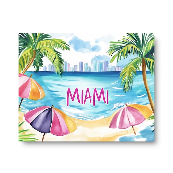 Miami Florida Beach Umbrellas Palm Trees Watercolor Travel Poster