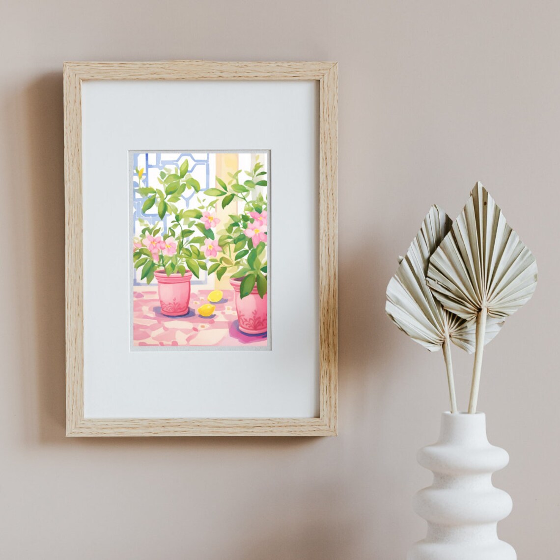 Italian Floral Vase Pink Flowers and Lemons Watercolor Poster - Image 2