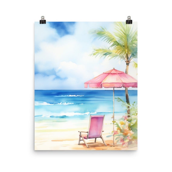 Barbados Watercolor Print Caribbean Travel Gift Tropical Island Poster Beach Umbrella Art Chair Turquoise Water Decor