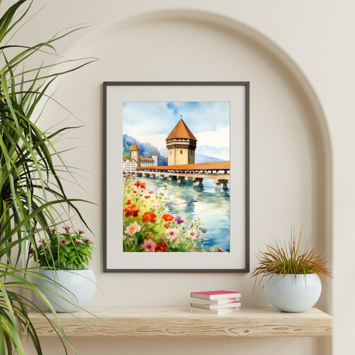 Lucerne Watercolor Travel Poster, Switzerland, Chapel Bridge - Image 3