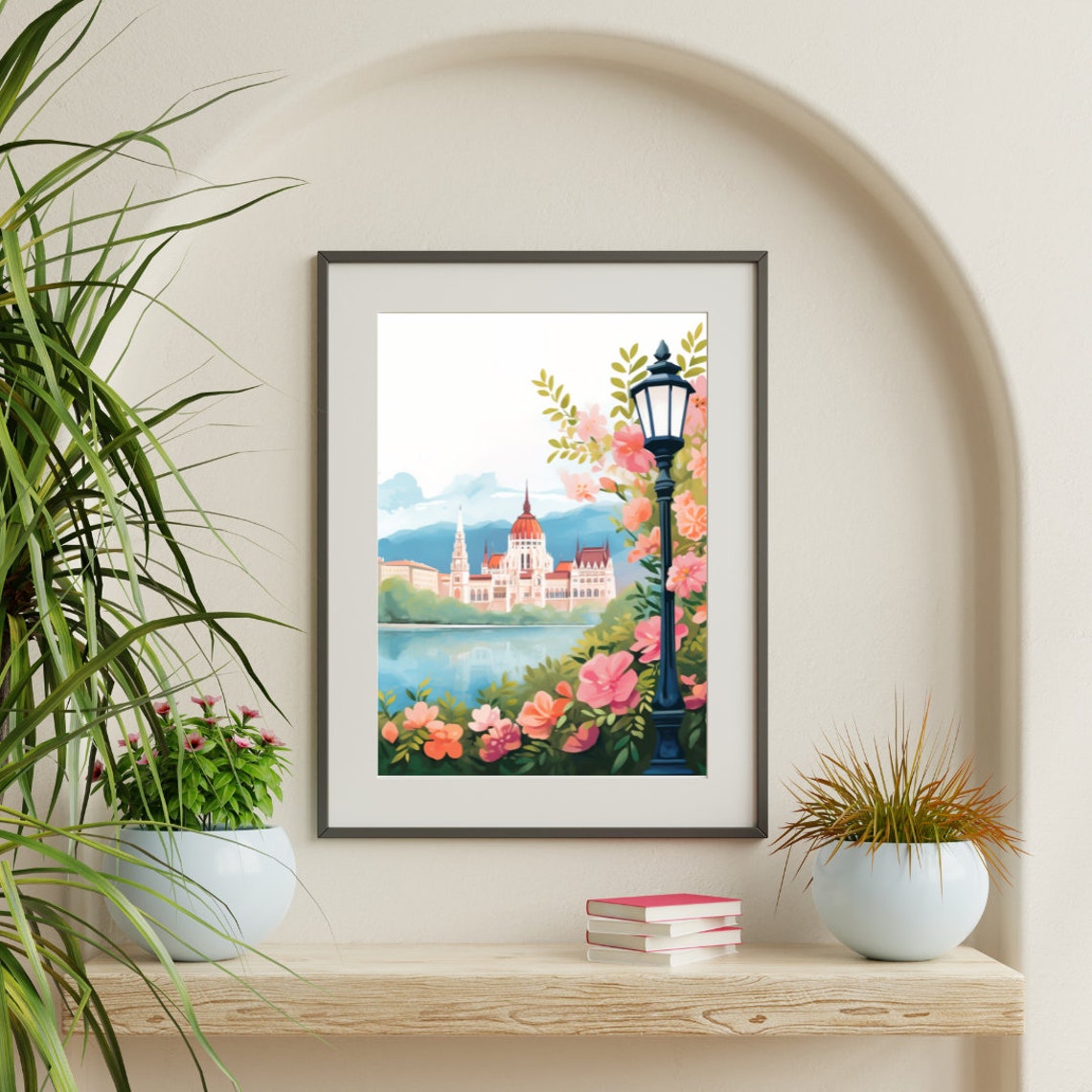 Budapest Parliament Across the Danube in Bloom Watercolor Art Poster - Image 2