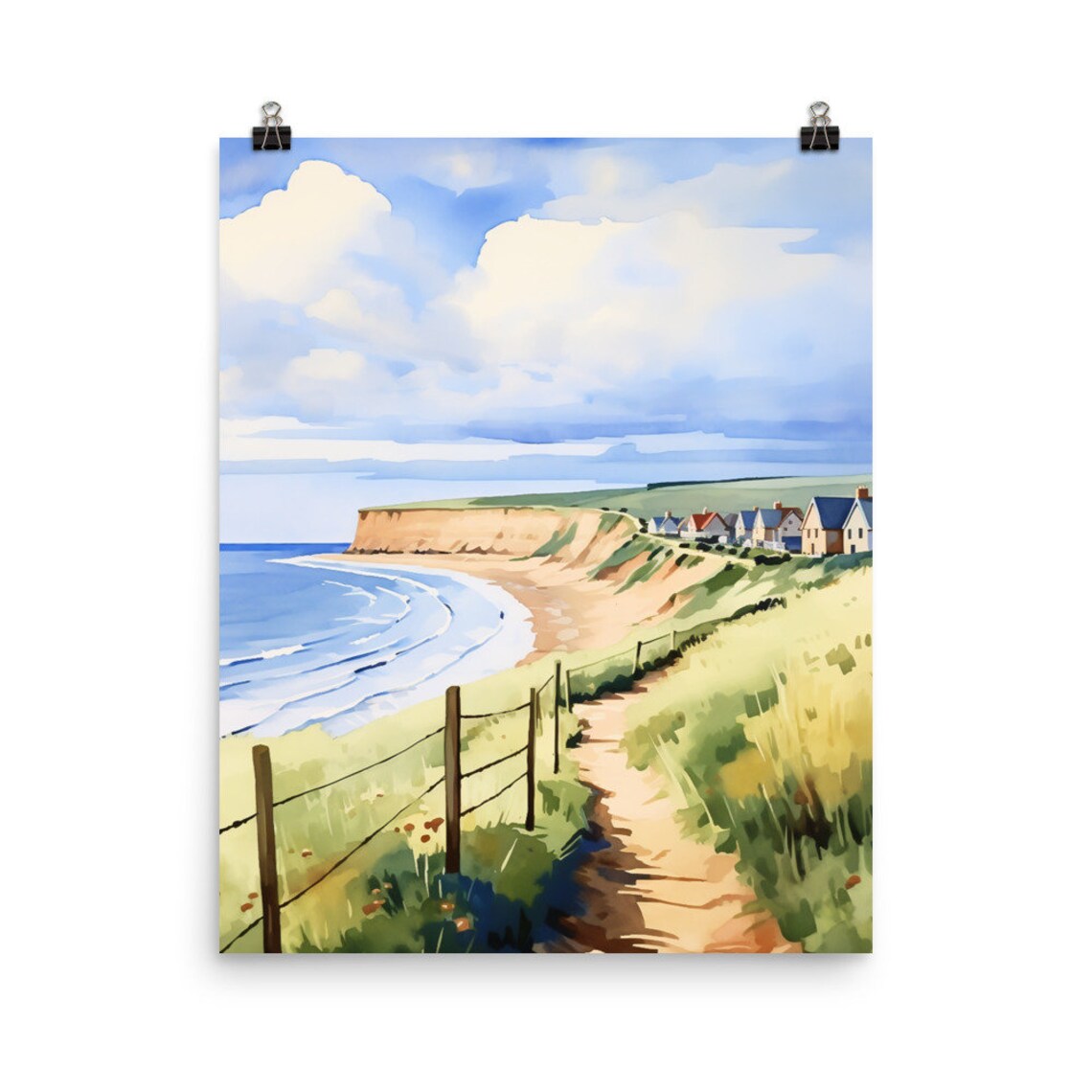 Filey Bay Yorkshire Coast Cliffs Watercolor Travel Landscape Poster