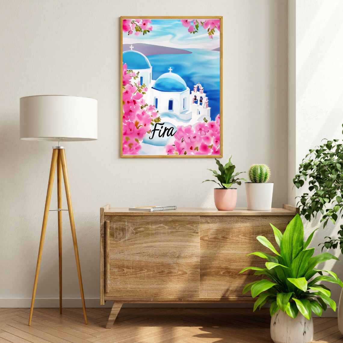 Fira Santorini Blue Domes Over the Caldera Watercolor Poster - Image 2