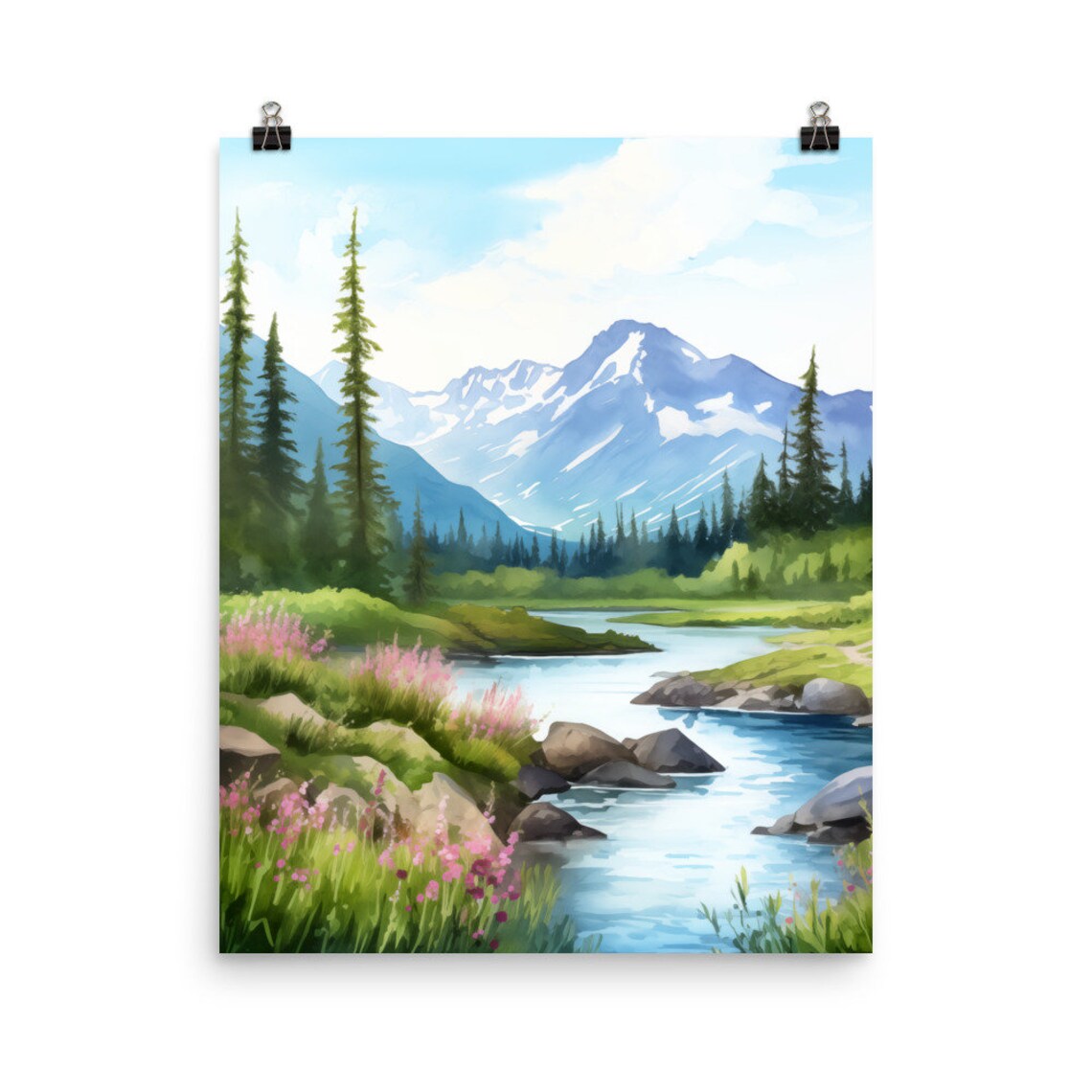 Eagle River Watercolor Print, Alaska Mountain Landscape