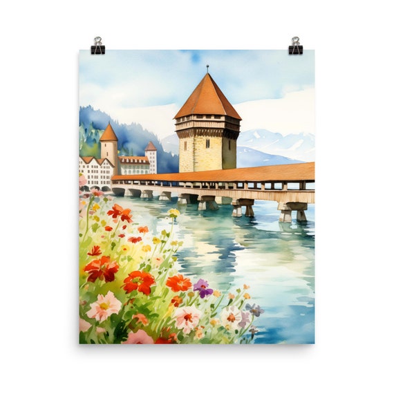 Lucerne Watercolor Travel Poster, Switzerland, Chapel Bridge