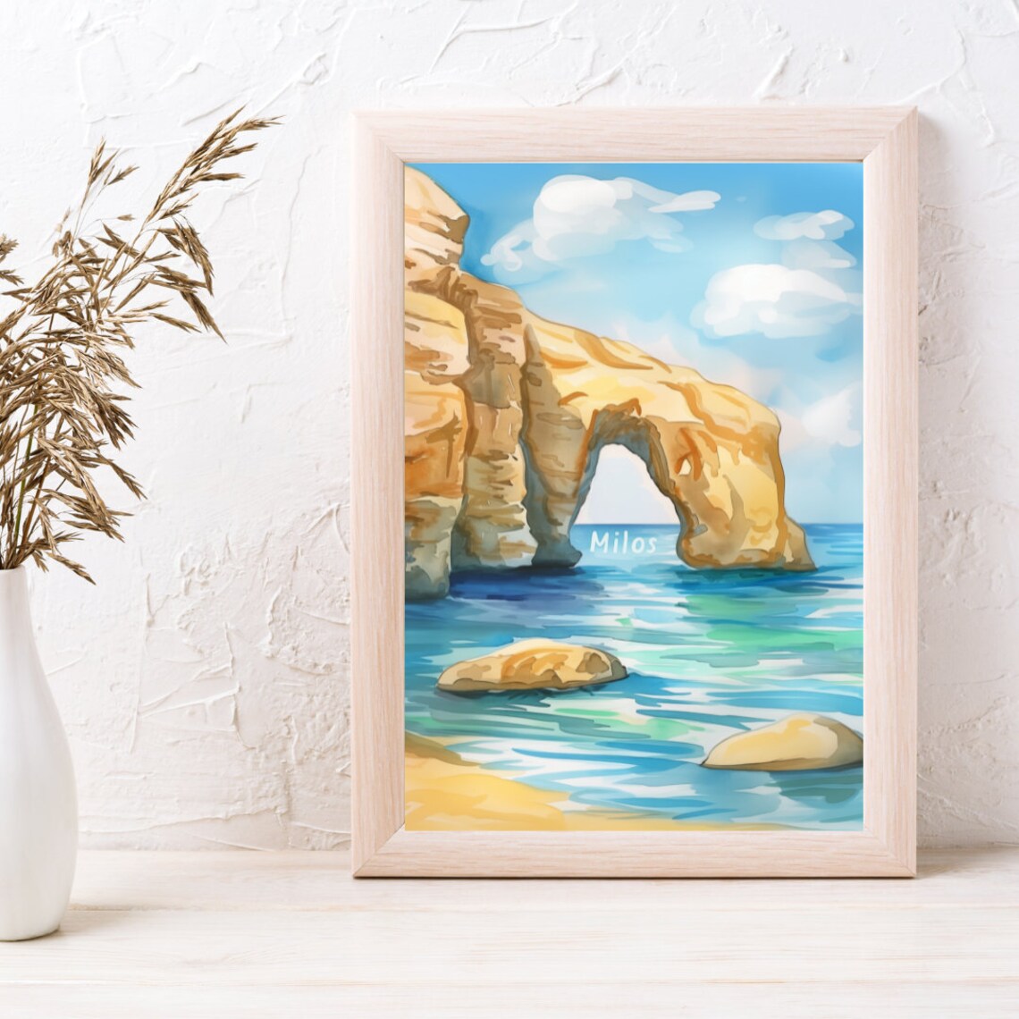 Milos Sea Arch Rock Formation on Aegean Blue Water Watercolor Poster - Image 3
