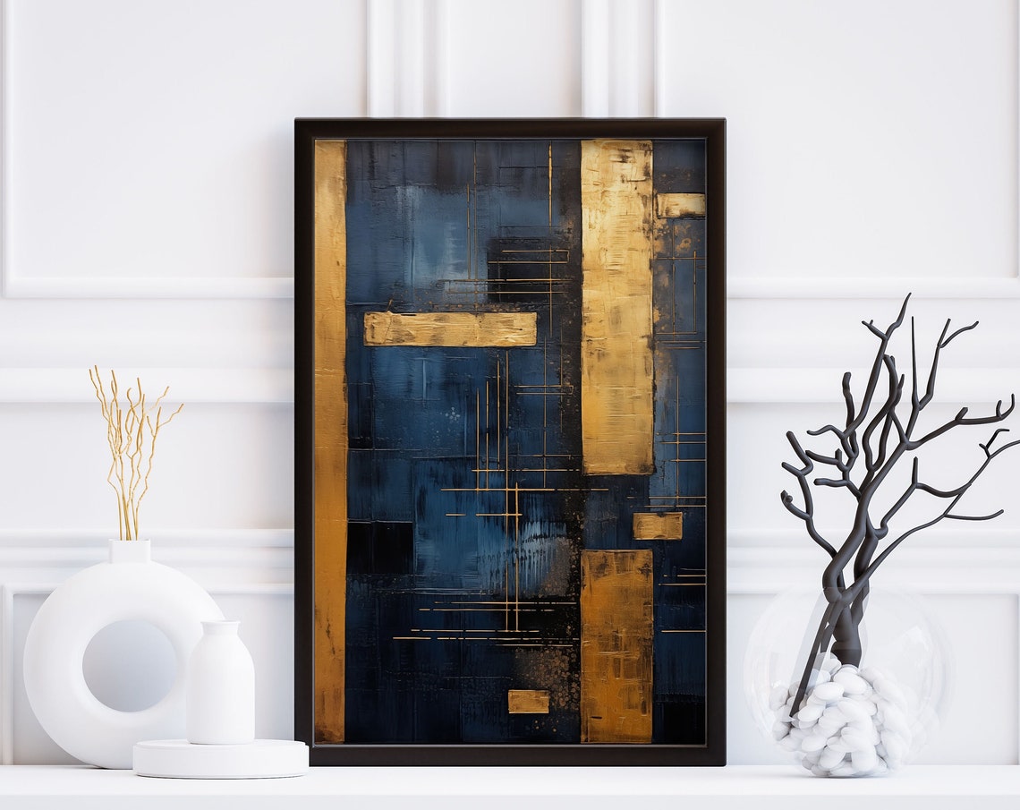 Navy And Gold Abstract Geometric Modern Architectural Wall Art - Image 3