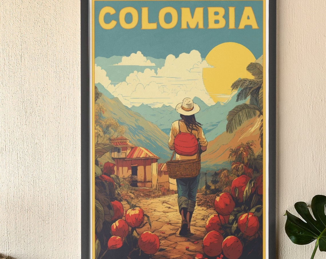 Colombia Coffee Picker Basket Farm Valley Vintage Travel Poster