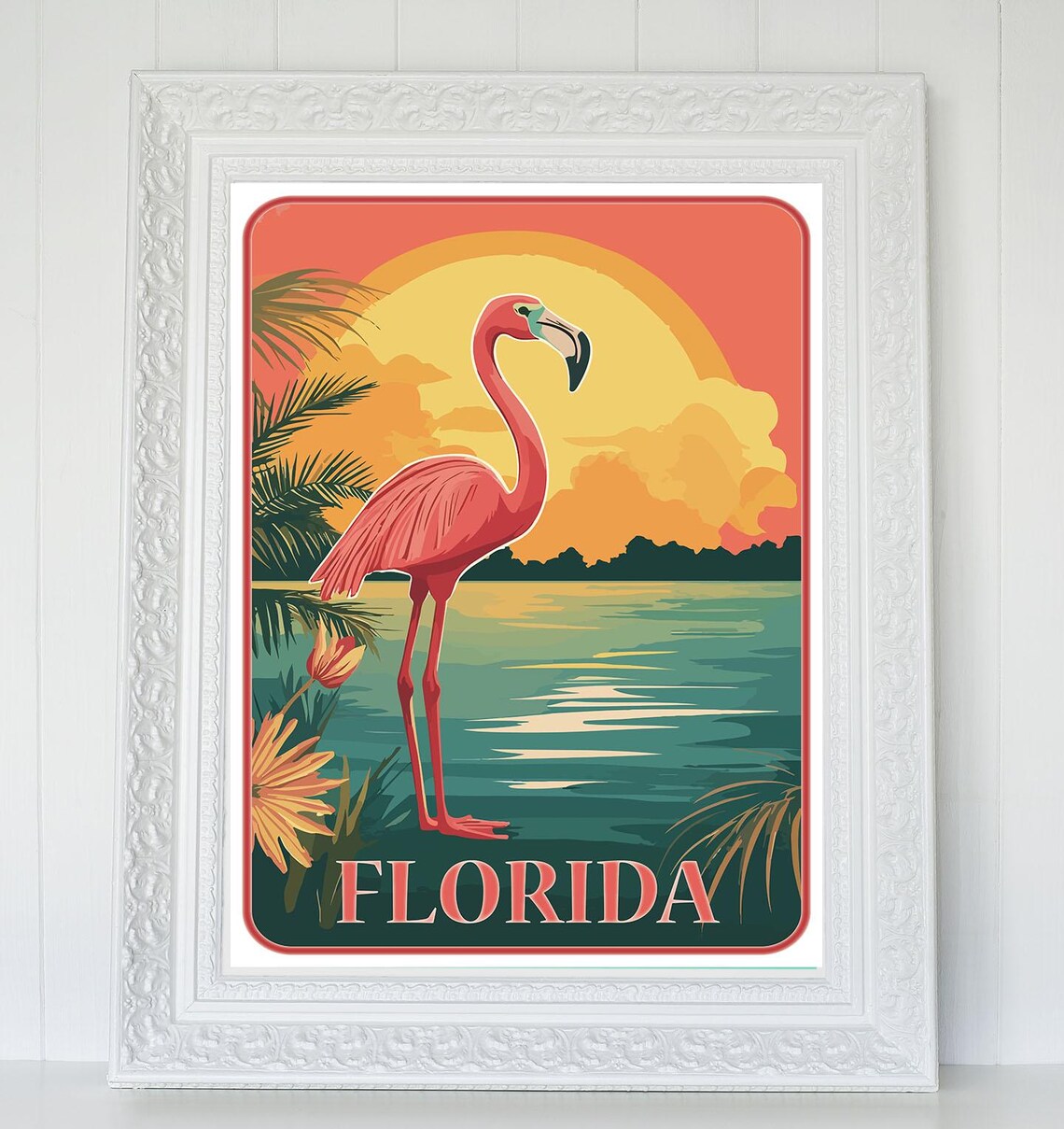 Florida Flamingo Sunset Wetlands Palm Retro Style Travel Art Poster