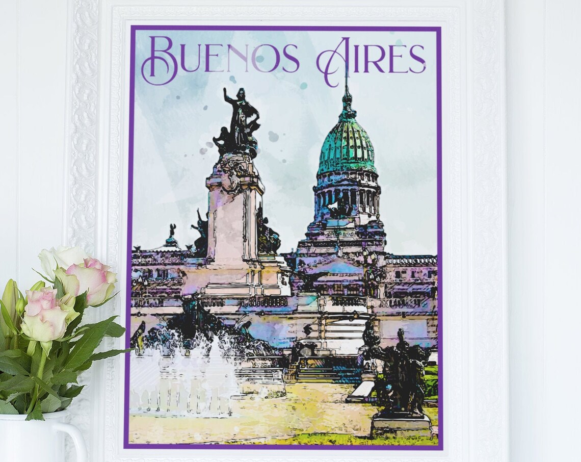 Buenos Aires Argentina Congreso Landmark Vintage Travel Poster