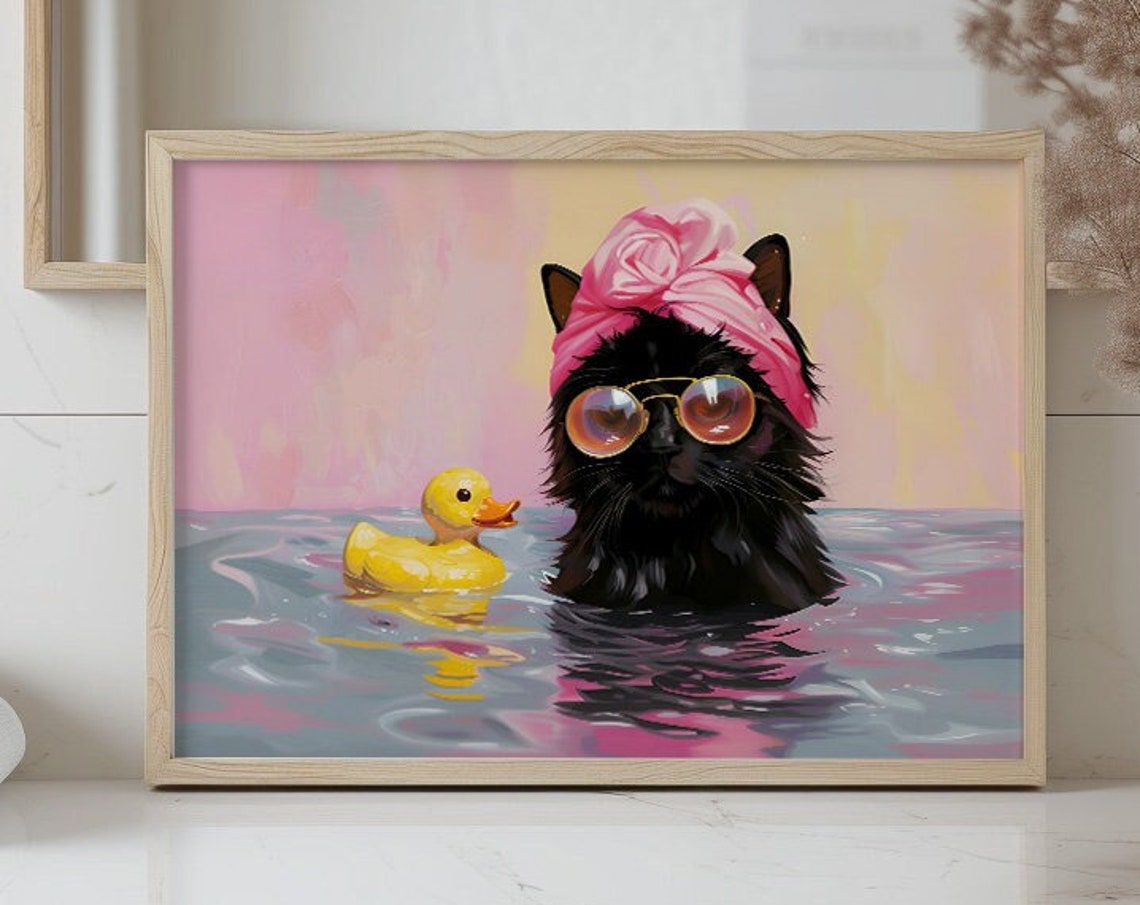 Black Cat Sunglasses Towel Wrap Bath Rubber Duck Funny Poster