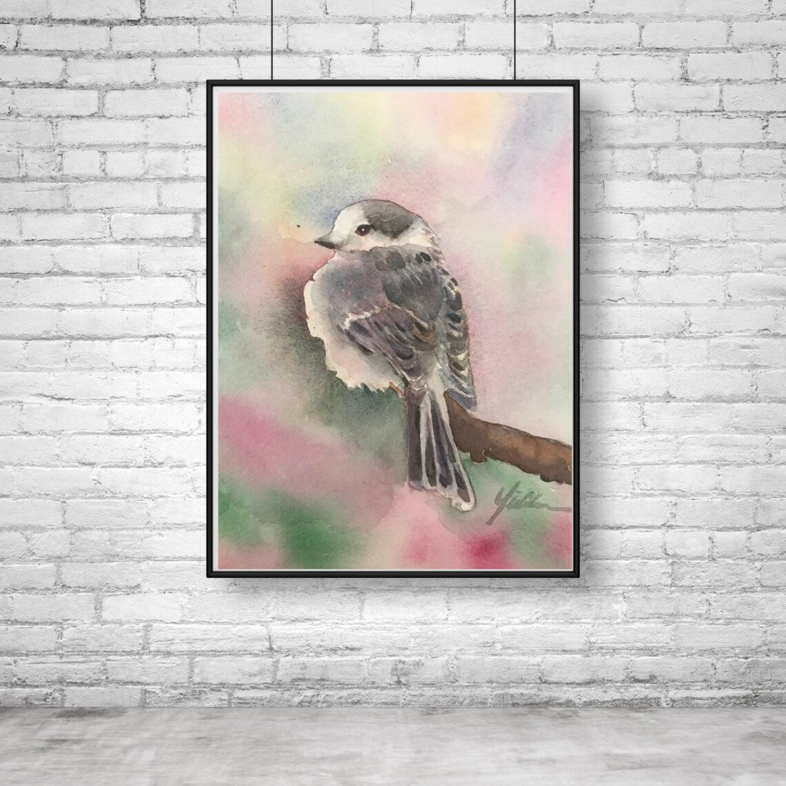 Sweet Gray Songbird on Pastel Spring Branch Watercolor Art Poster - Image 3