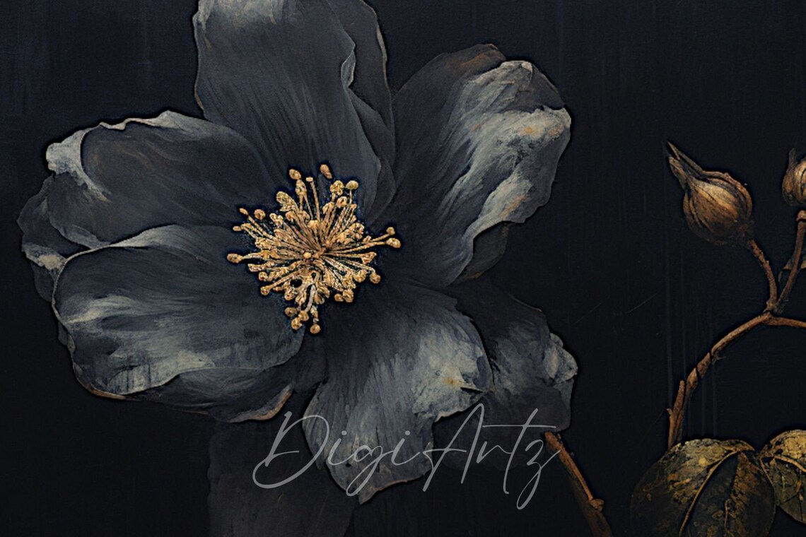 Dark Moody Flower Golden Stamens Black Botanical Painting Poster - Image 6