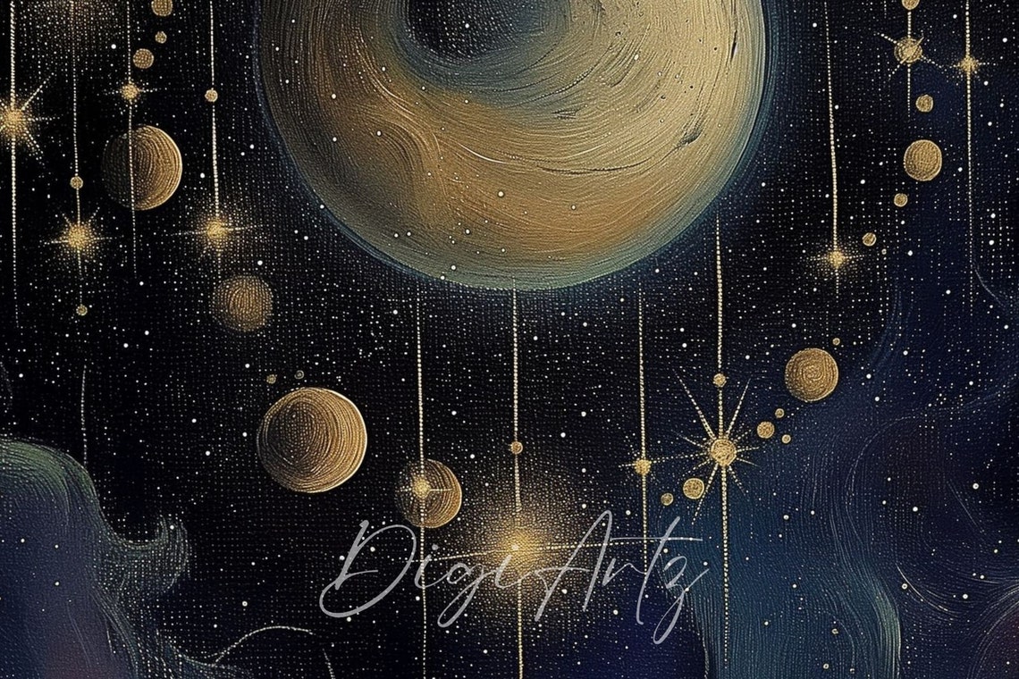 Golden Moon And Planets Celestial Night Sky Star Painting Poster - Image 5