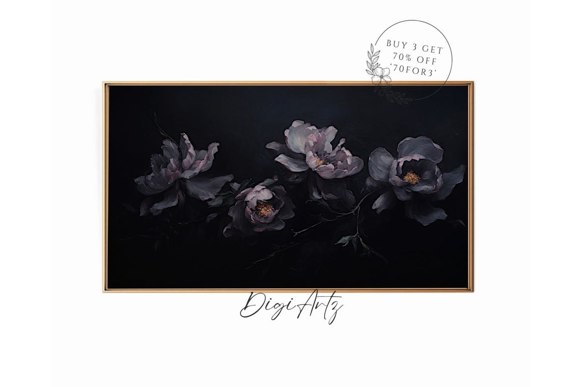 Moody Dark Floral Still Life With Dusky Peonies On Black Poster
